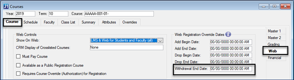 Courses window, Course tab, Web subtab, Withdrawal End Date field.