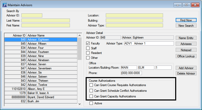 Maintain Advisors window in J1 Desktop showing the "Course Authorizations" group of checkboxes