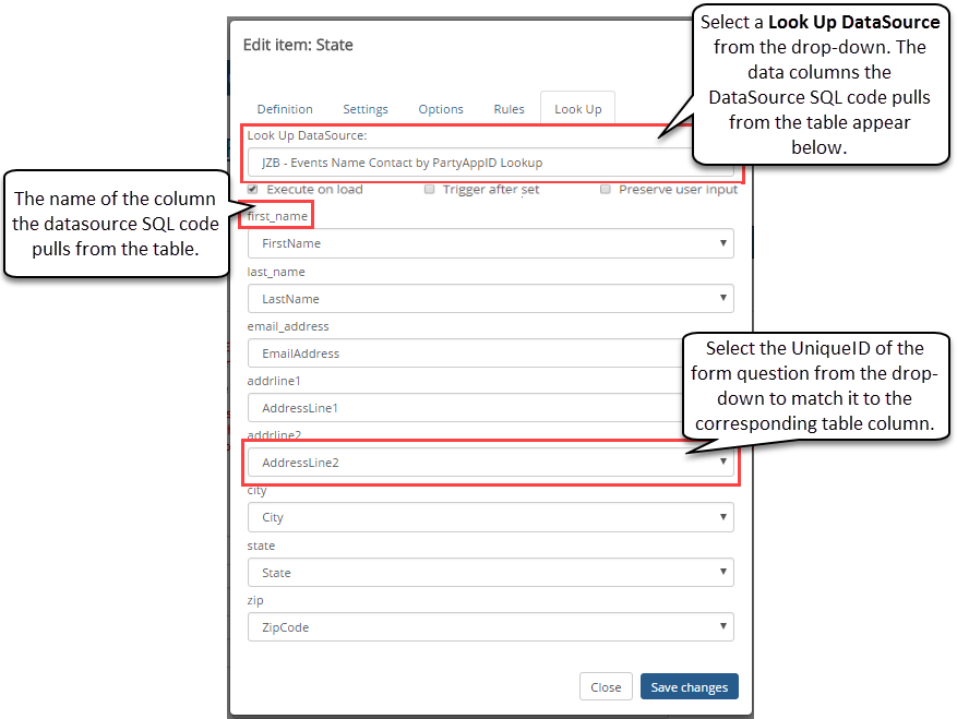 Sample setup for look up questions/fields.