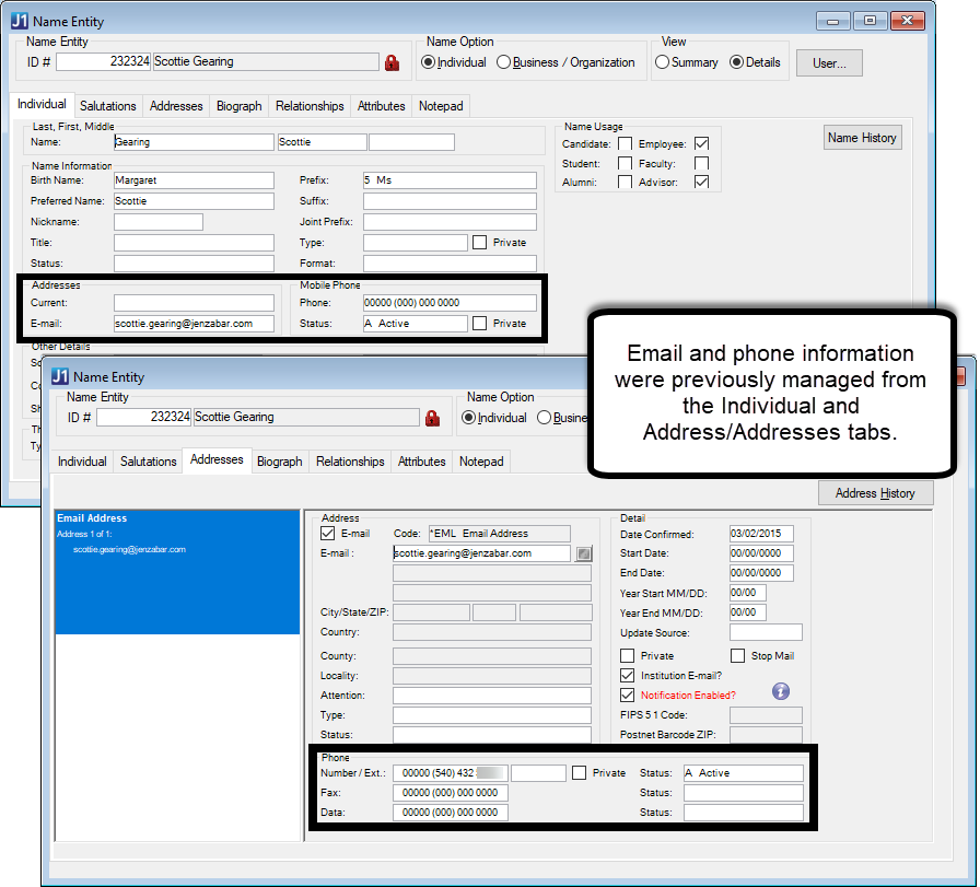 Image shows the Name Entity window, Individual and Addresses tab with email and phone information highlighted in their previous locations.