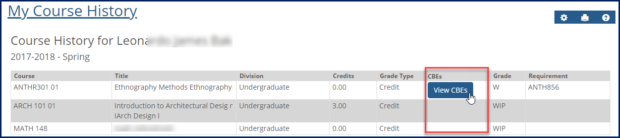 My Course History page, CBE column.