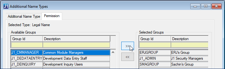 Additional Name Types window, Permission tab.