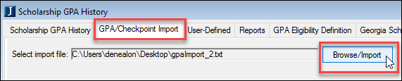 Scholarship GPA History window, GPA/Checkpoint Import tab.