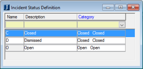 Incident Status Definition window.